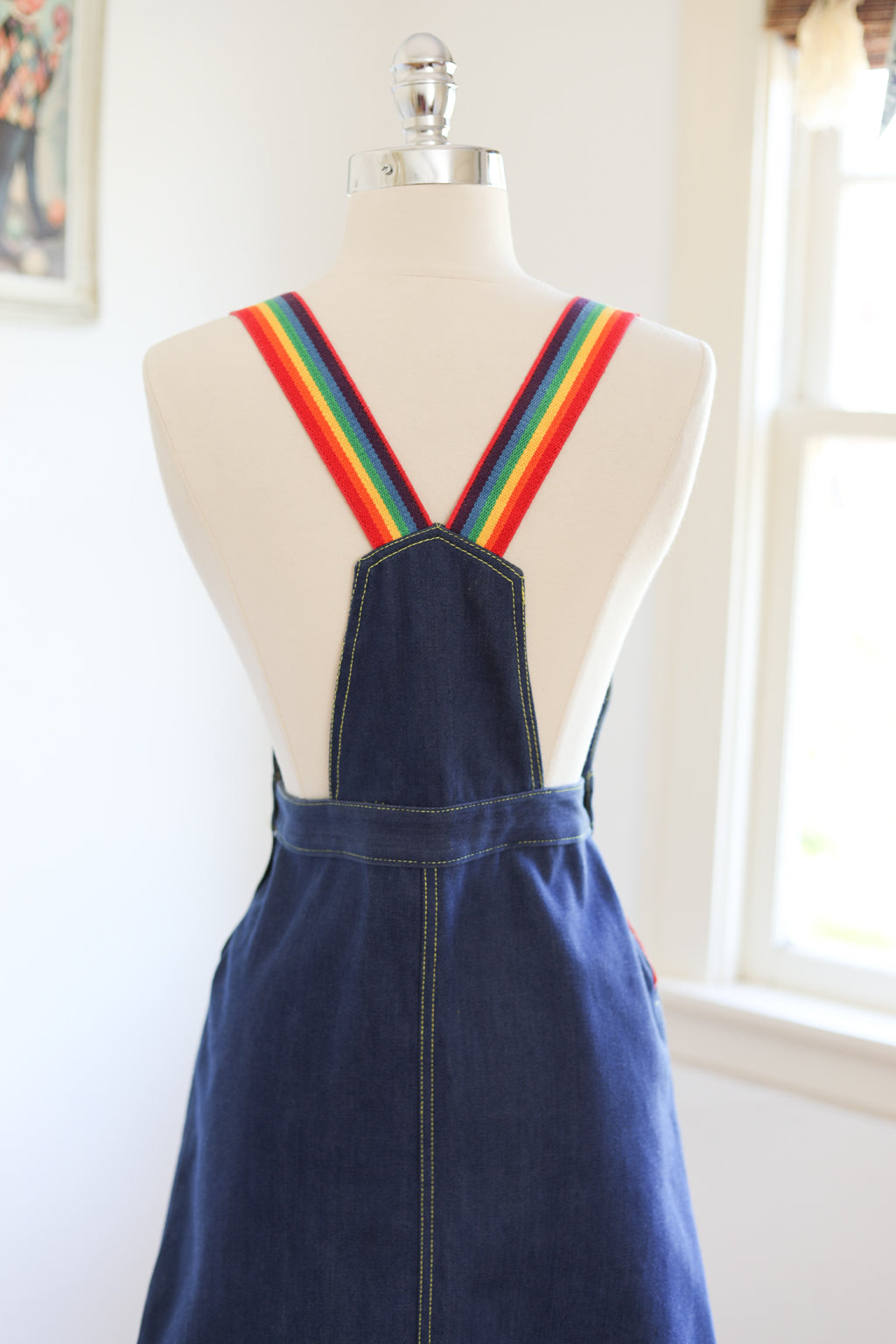 Vintage 1970s Dress - Amazing Hong Kong Denim Jumper Sundress w Rainbow Straps & Sunny Zipper Size XS to S
