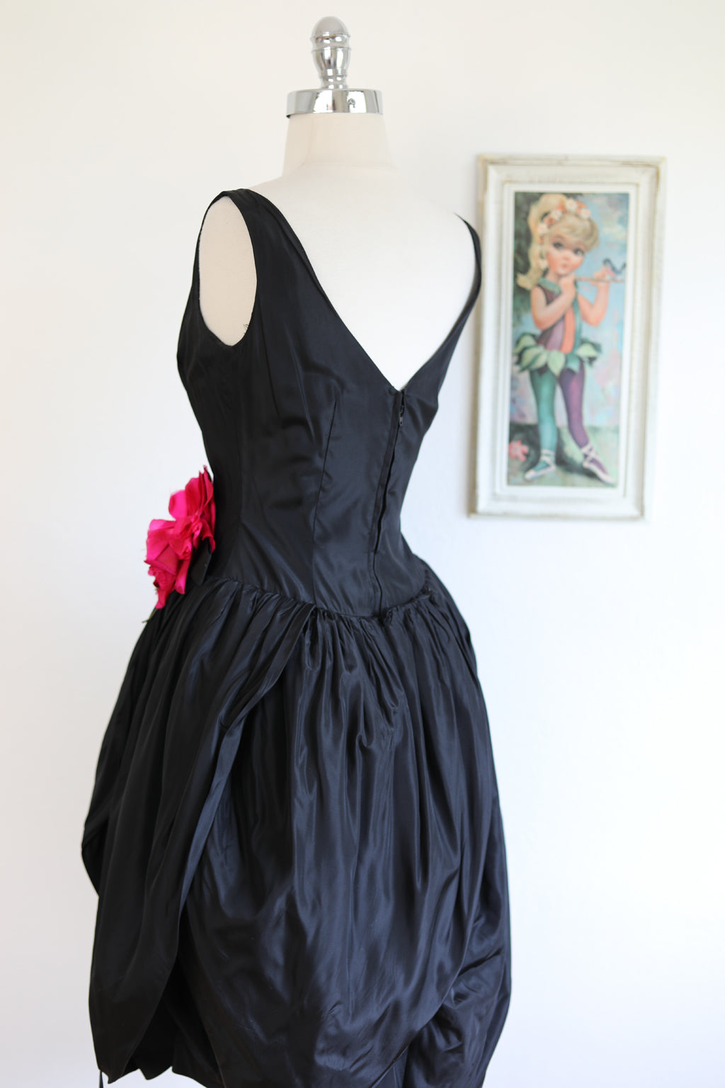 Vintage 1950s Cocktail Dress - Black Silk Taffeta + INCREDIBLE Barbie Hot Pink Silk Rose Draped Bubble Size XS to S
