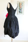 Vintage 1950s Cocktail Dress - Black Silk Taffeta + INCREDIBLE Barbie Hot Pink Silk Rose Draped Bubble Size XS to S