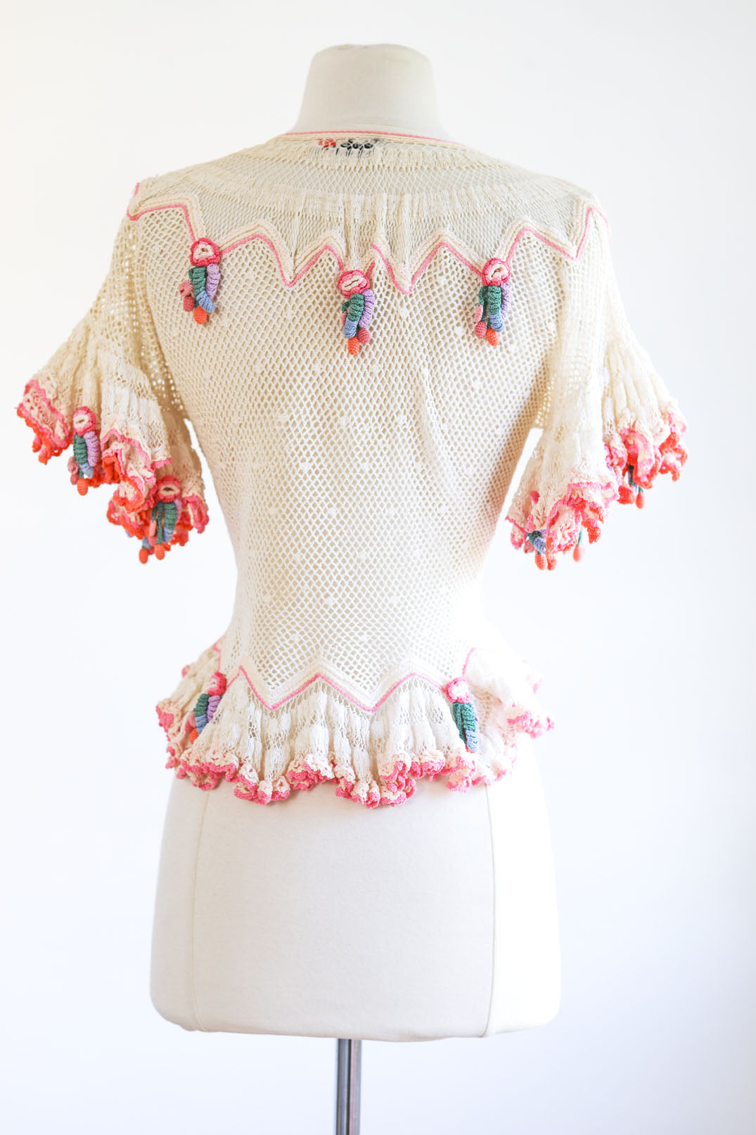 Vintage 1970s 1980s Crochet Blouse - Hand-Made Lim's Pastel Fever Dream 3D Cardigan Top Size XS to M