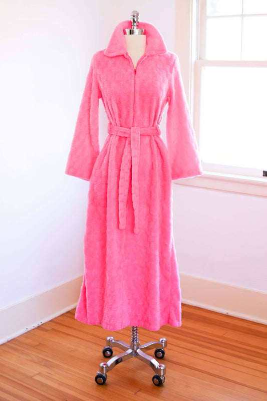 Vintage 1960s to 1970s Faux Fur Robe - BARBIE BOX Glam Pink Furry Zipper Front Belted House Coat Size XS to M