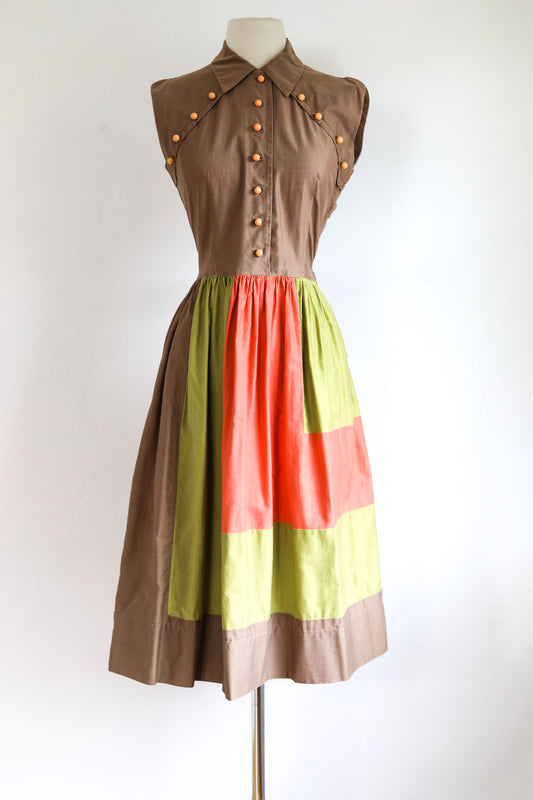 Vintage 1940s Dress - Hal-Mar Juniors Cocoa Pumpkin Chartreuse Color Block Sundress Size M