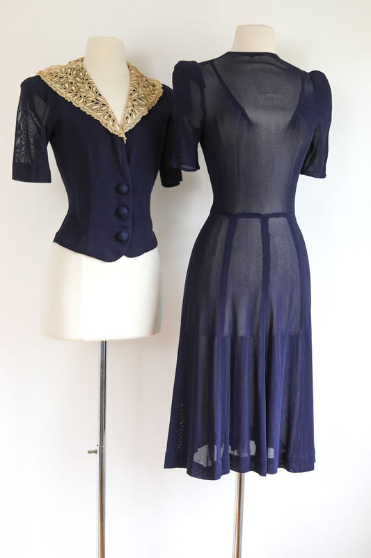 Vintage 1930s Dress Set - Sexy Midnight Blue Rayon Mesh Puff Sleeve w Matching Silk Trim Jacket Size S to M