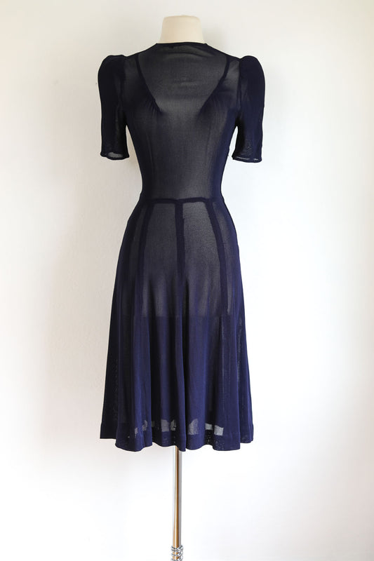 Vintage 1930s Dress Set - Sexy Midnight Blue Rayon Mesh Puff Sleeve w Matching Silk Trim Jacket Size S to M