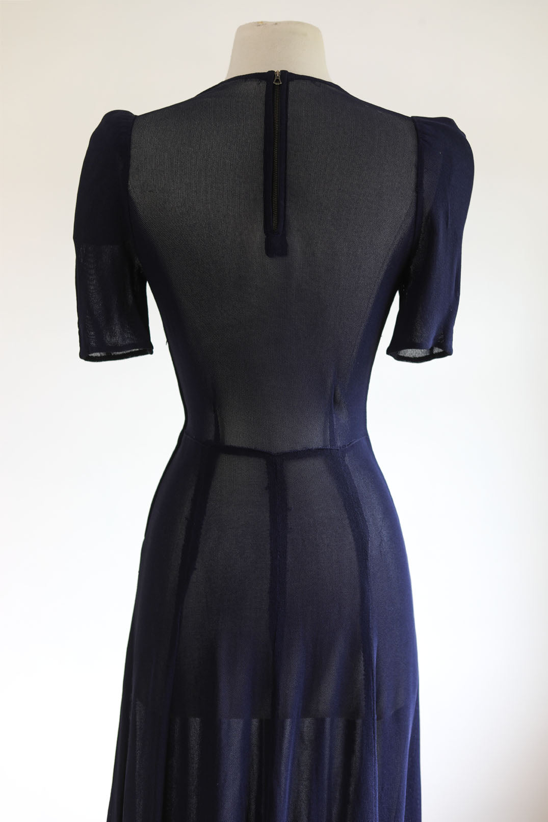 Vintage 1930s Dress Set - Sexy Midnight Blue Rayon Mesh Puff Sleeve w Matching Silk Trim Jacket Size S to M