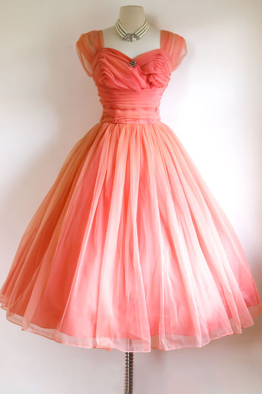 Vintage 1950s Dress - Divine Goddess Coral Pink Emma Domb Designer Chiffon Draped Gown Size Roomy M to L