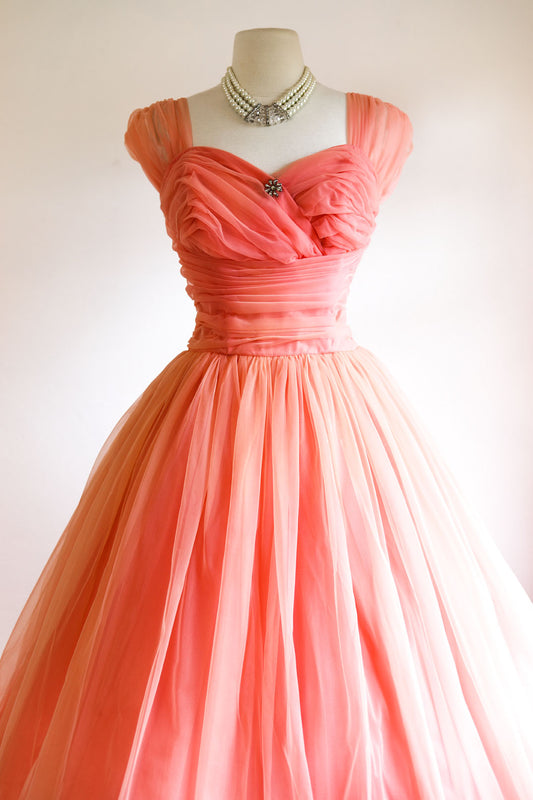 Vintage 1950s Dress - Divine Goddess Coral Pink Emma Domb Designer Chiffon Draped Gown Size Roomy M to L