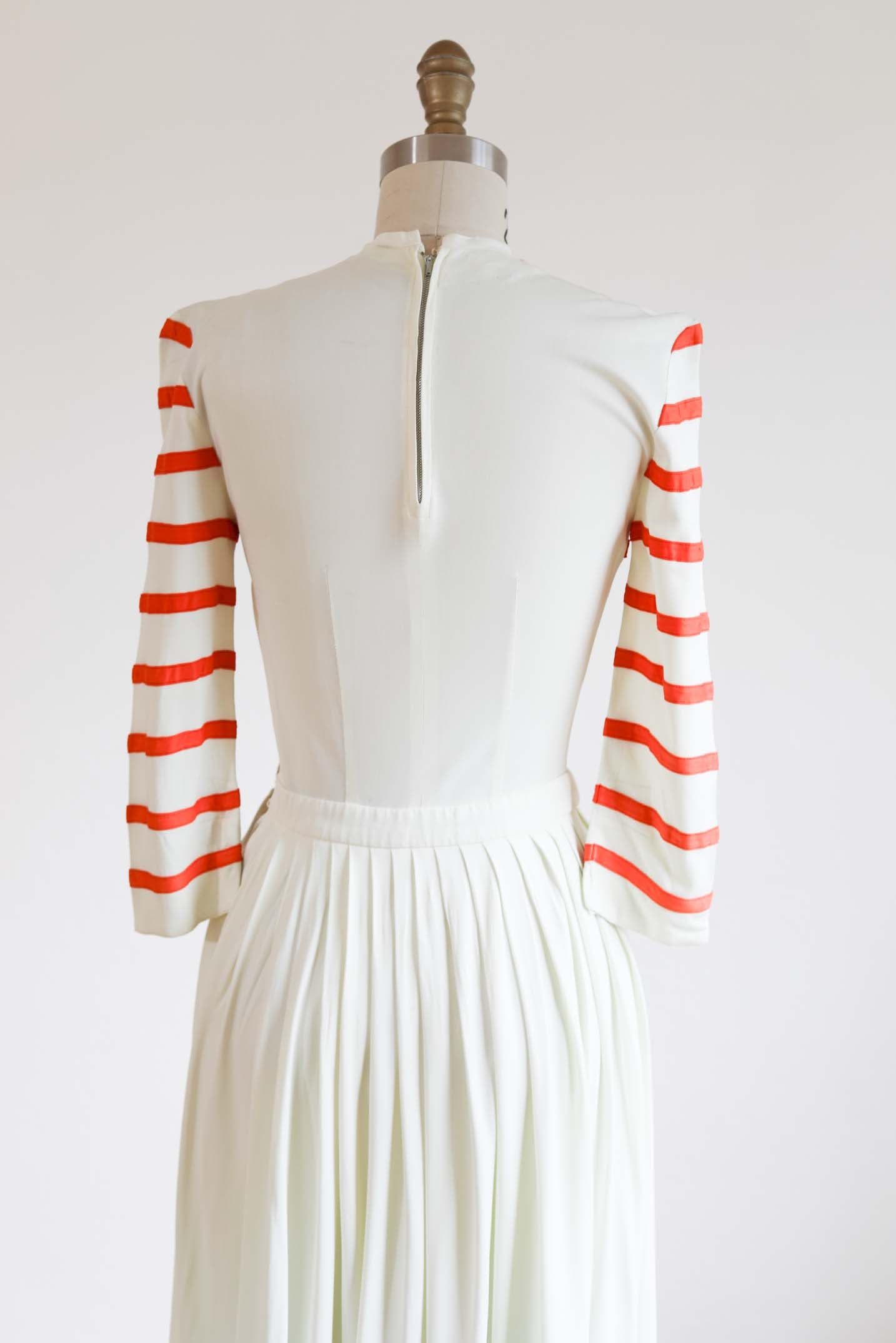 Vintage 1940s Slinky Rayon Jersey Dress - SWEET Carlye Ivory w Deep Tangerine Stripes Size XS