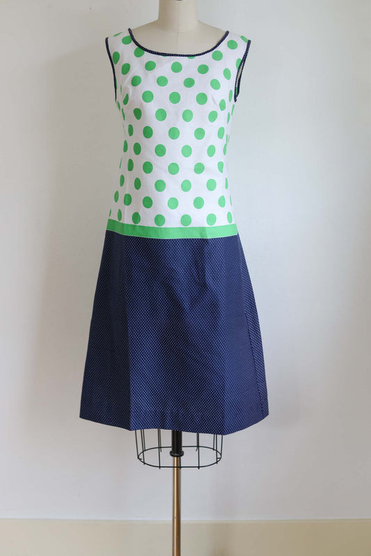 Vintage 1960s Dress - Deadstock Darling Lime Green Navy Polka Dot Cotton Blend Mod Shift Size S to M