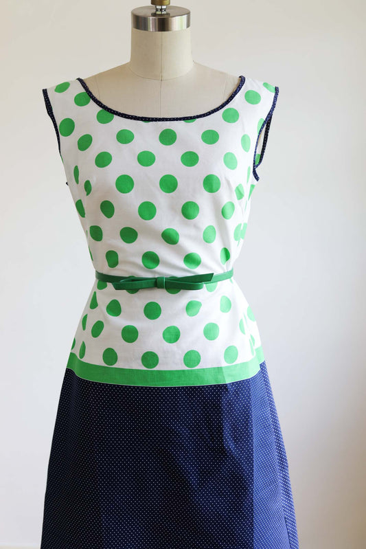 Vintage 1960s Dress - Deadstock Darling Lime Green Navy Polka Dot Cotton Blend Mod Shift Size S to M