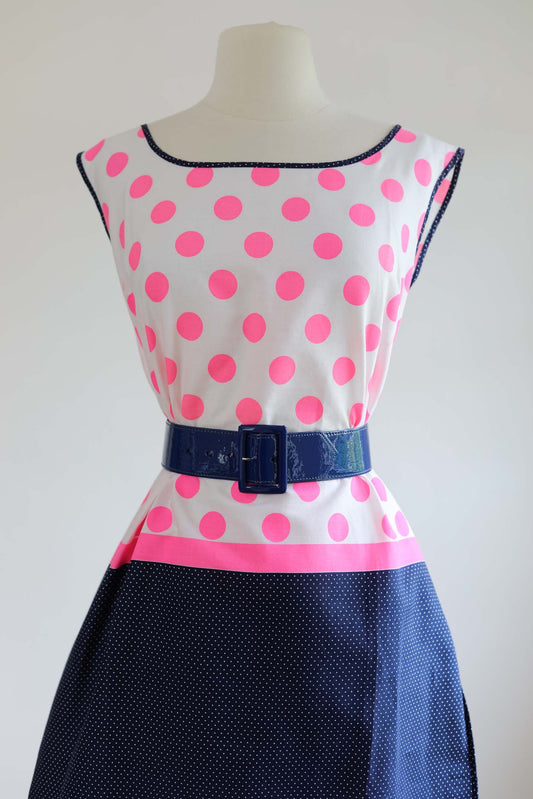 Vintage 1960s Dress - VOLUP Deadstock Darling Hot Pink Navy Polka Dot Cotton Mod Shift Sundress Size Volup L to XL