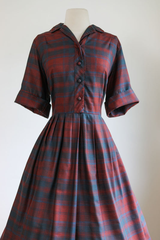 Vintage 1950s to 1960s Dress - Volup! Maroon + Navy Plaid SOFT Cotton Blend Day Dress Size XL