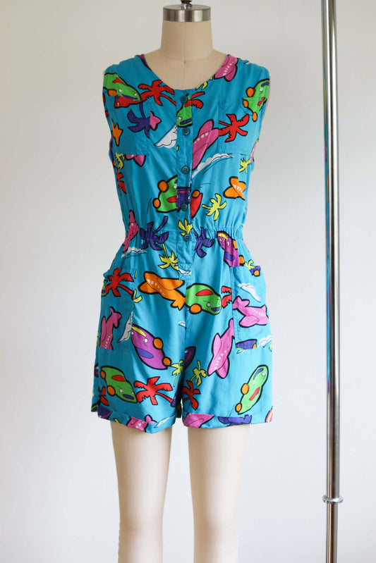 Vintage 1980s Novelty Print Romper - Super Sweet! Turquoise Rayon Playsuit w HAPPY CARS + AIRPLANES Size S to M