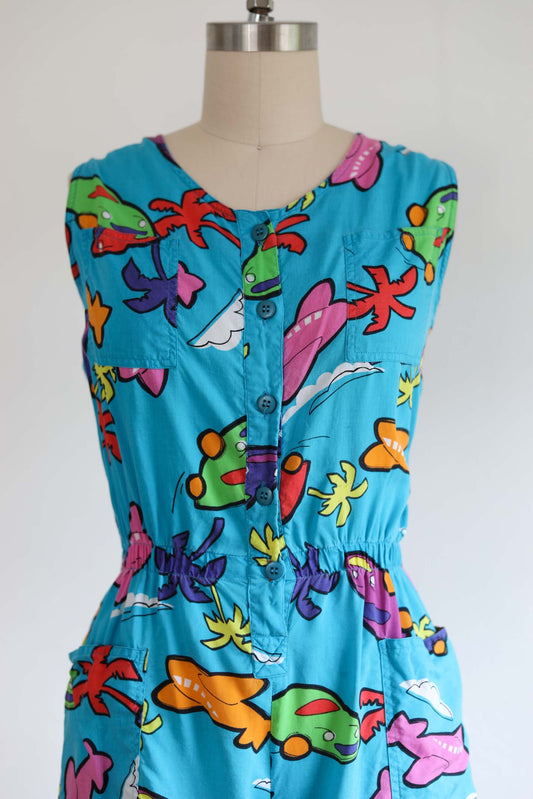 Vintage 1980s Novelty Print Romper - Super Sweet! Turquoise Rayon Playsuit w HAPPY CARS + AIRPLANES Size S to M