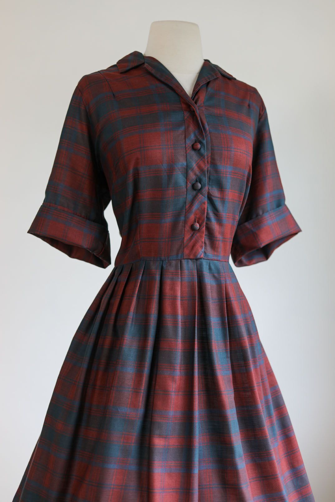 Vintage 1950s to 1960s Dress - Volup! Maroon + Navy Plaid SOFT Cotton Blend Day Dress Size XL