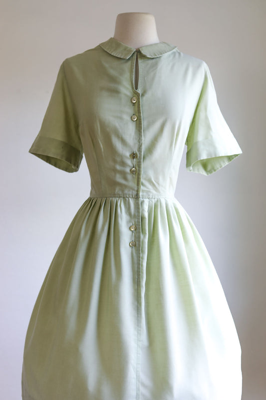 Vintage 1960s Dress - Super Soft Cotton Blend Honeydew Melon Green Shirtwaist Size L