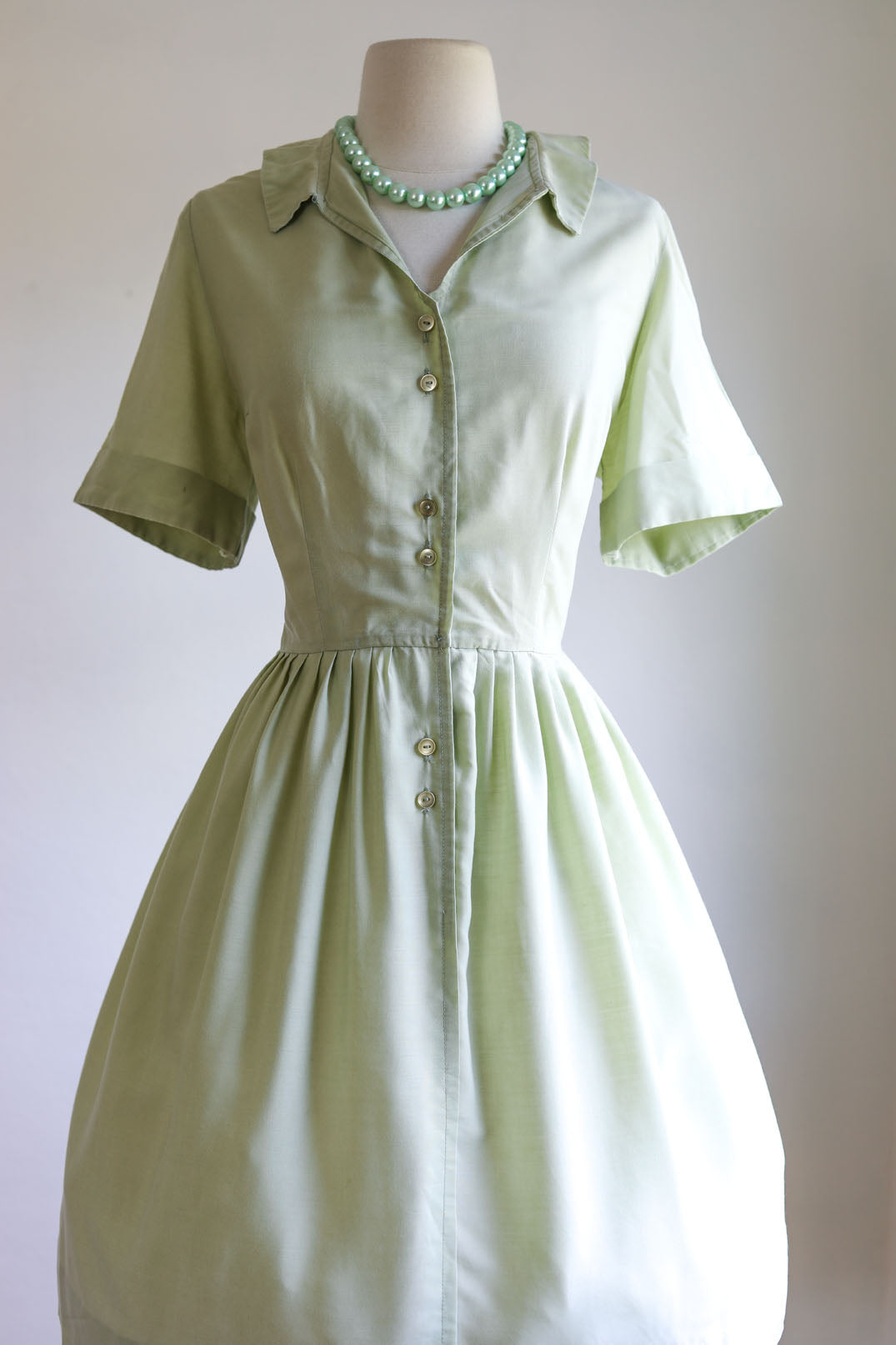 Vintage 1960s Dress - Super Soft Cotton Blend Honeydew Melon Green Shirtwaist Size L