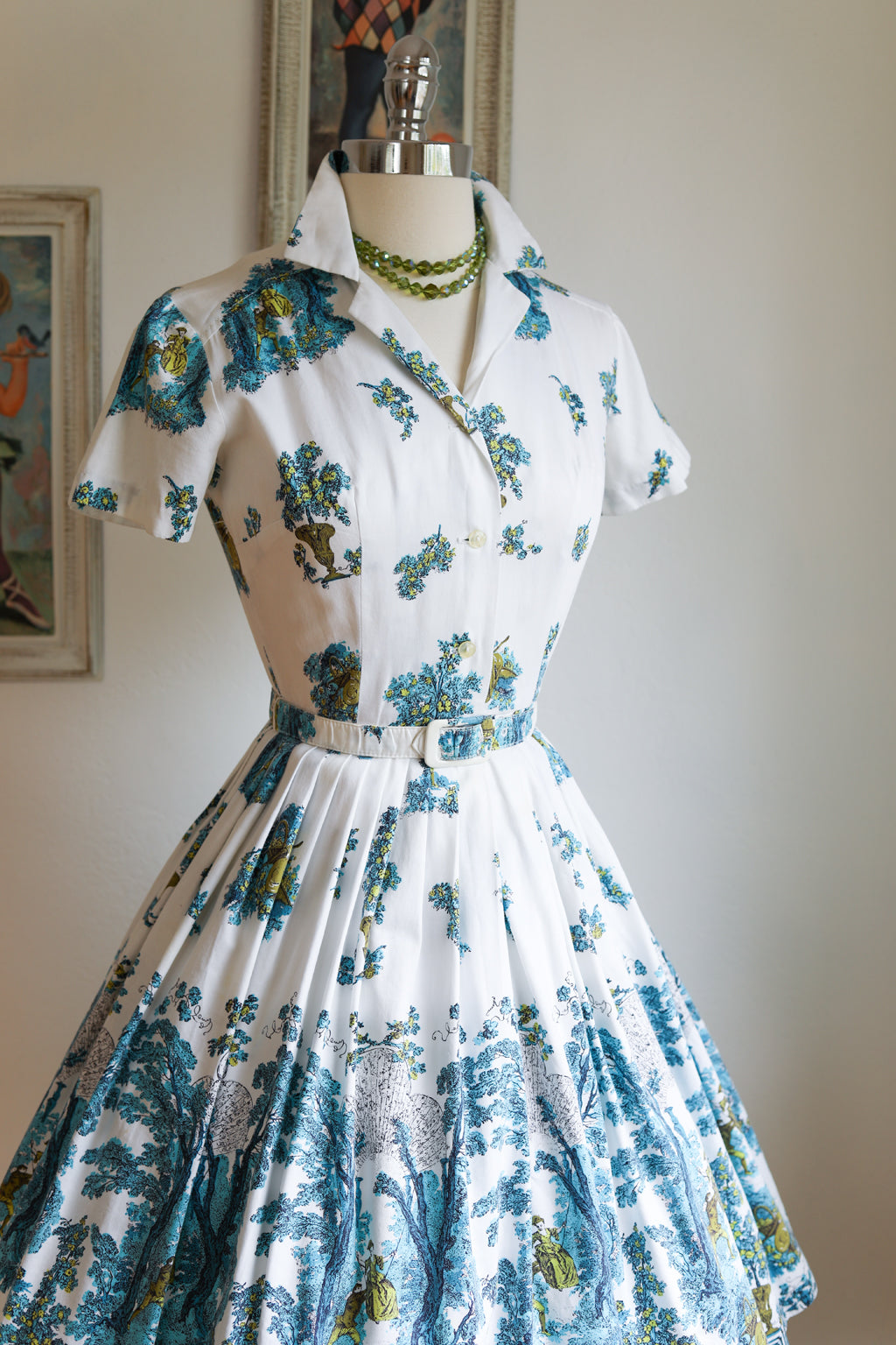 Vintage 1950s Dress - Turquoise + Chartreuse Romance Toile Novelty Print w Pear Trees + Lovers Cavorting Shirtwaist Size XS