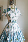 Vintage 1950s Dress - Turquoise + Chartreuse Romance Toile Novelty Print w Pear Trees + Lovers Cavorting Shirtwaist Size XS