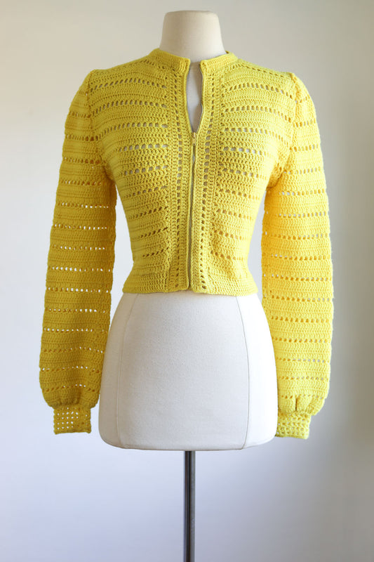 Vintage 1940s Sweater - Sexy Front Metal Zipper Wool Hand-Knit Sporty Cropped Cardigan Top Size XS to S