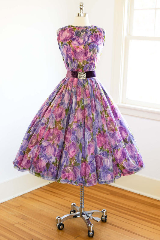 Vintage 1950s Party Dress - SUPER BEAUTIFUL Saturated Violet, Rose, Pink, Blue Chiffon Tulips Floral Tea-Length Dress Size XS to S