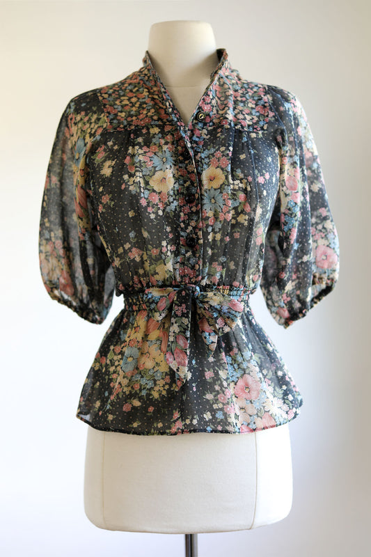 Vintage 1970s Blouse - Gorgeous Gauzy Cotton Voile Black Floral Bohemian Top Size XS to S