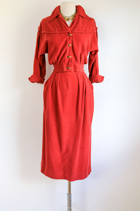 Vintage 1940s to 1950s Suit - Rare! Spectacular Auburn Spice Rayon Velour w Brass Clasps Jacket + Pencil Skirt Size XS to S