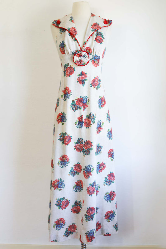 Vintage 1970s Malibu Media Dress - 1930s Inspired Garden Party Red Rose Halter Sundress Size XS to S
