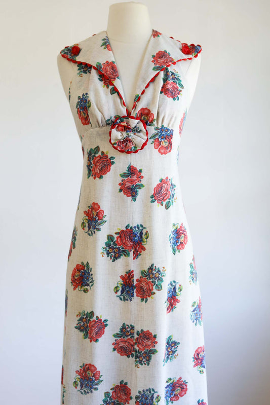 Vintage 1970s Malibu Media Dress - 1930s Inspired Garden Party Red Rose Halter Sundress Size XS to S