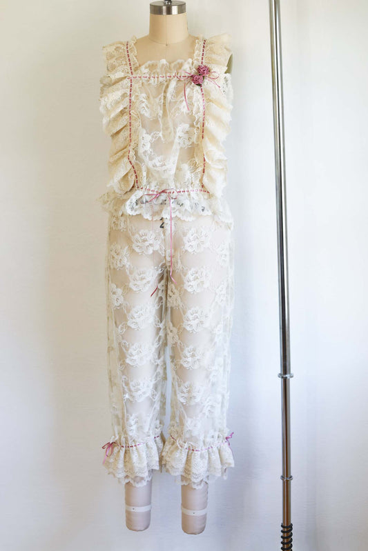 Vintage 1970s does Victorian Pantaloons Pajamas - Sheer Sexy Cream Lace w Roses + Ribbons Bloomer Top + Pants Size S to L
