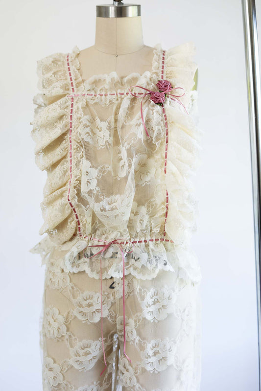 Vintage 1970s does Victorian Pantaloons Pajamas - Sheer Sexy Cream Lace w Roses + Ribbons Bloomer Top + Pants Size S to L