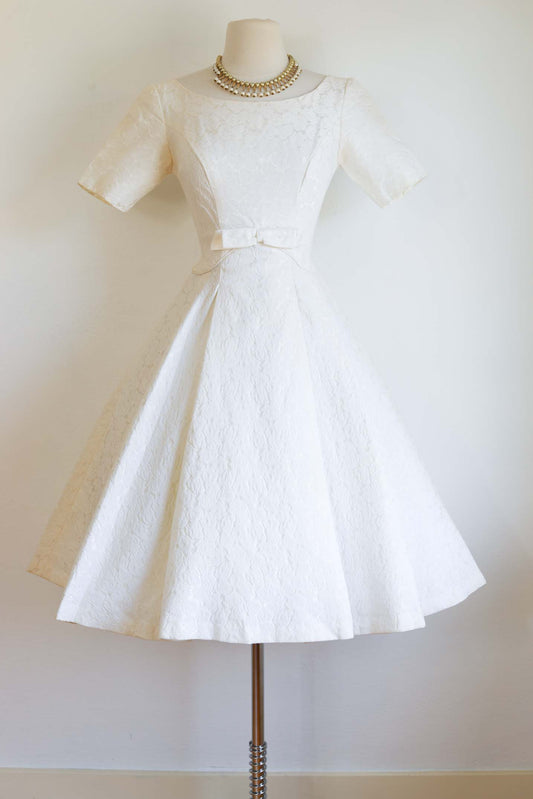 Vintage 1950s Dress - Spectacular Emma Domb Designer Ivory Cotton Rose Damask Party Wedding Dress Size S
