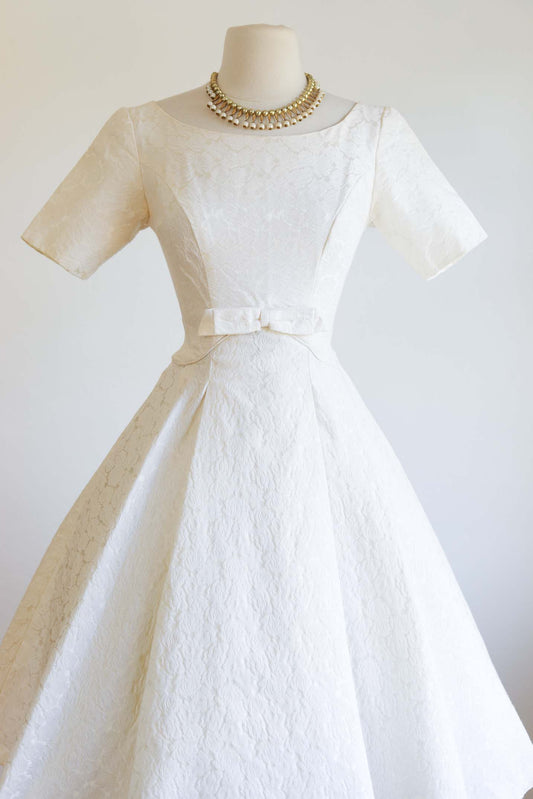 Vintage 1950s Dress - Spectacular Emma Domb Designer Ivory Cotton Rose Damask Party Wedding Dress Size S