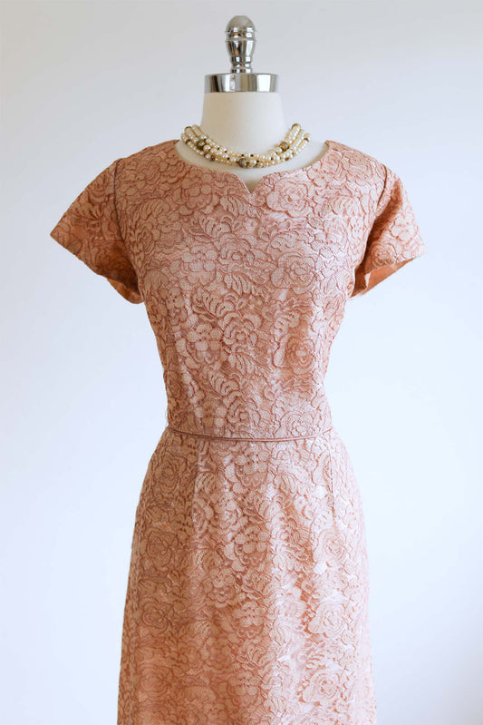 Vintage 1950s Dress - VOLUP Coppery Blush Rose Lace Wiggle Cocktail Dress Size XL 35W