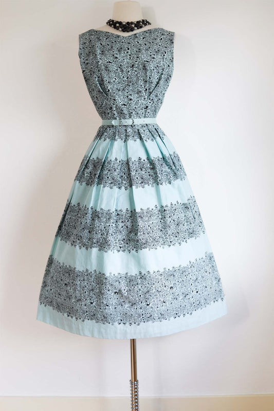 Vintage 1950s Dress - Beautiful Marta D Delphite Blue Black Cotton Butterfly Print Sundress Size XS to S