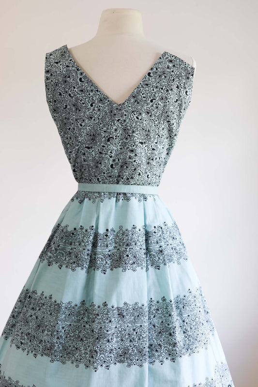 Vintage 1950s Dress - Beautiful Marta D Delphite Blue Black Cotton Butterfly Print Sundress Size XS to S