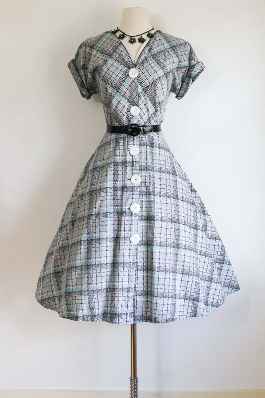 Vintage 1950s Dress - Sweetie-Pie Aqua White Black Grey Plaid Cardinal Cottons Dress Size L to XL