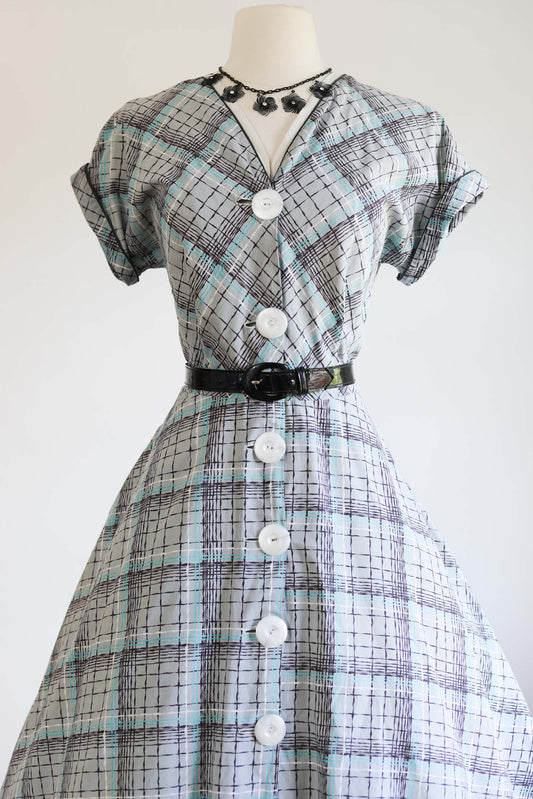 Vintage 1950s Dress - Sweetie-Pie Aqua White Black Grey Plaid Cardinal Cottons Dress Size L to XL