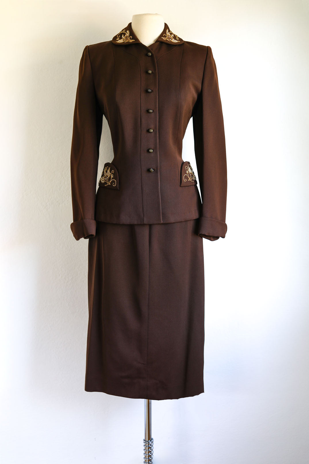 Vintage 1940s Suit - Stunning Chocolate Gabardine Wool Designer Blazer Jacket Skirt w Beaded Lotus Size S to M