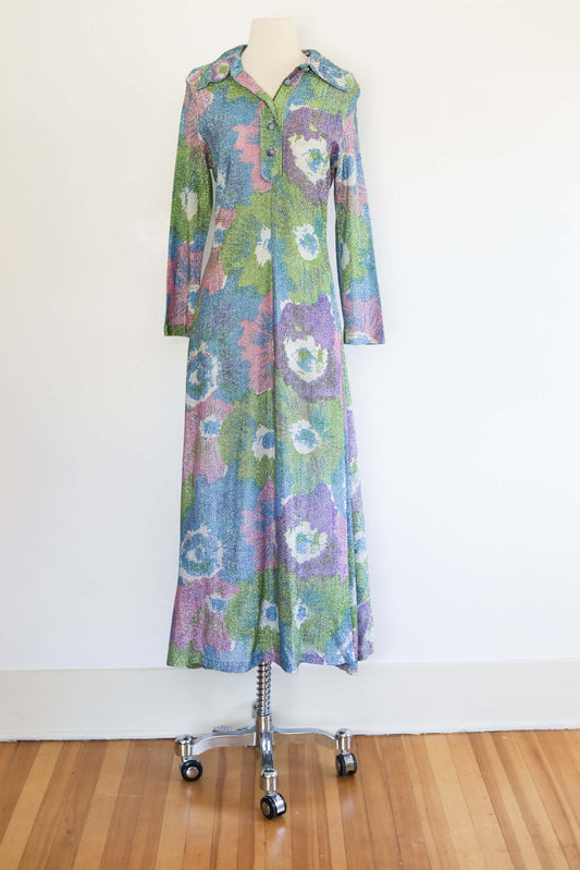 Vintage 1960s to 1970s Knitwear Dress - Rare Sparkling Unicorn Colors Lurex Knit Maxi Gown Size M