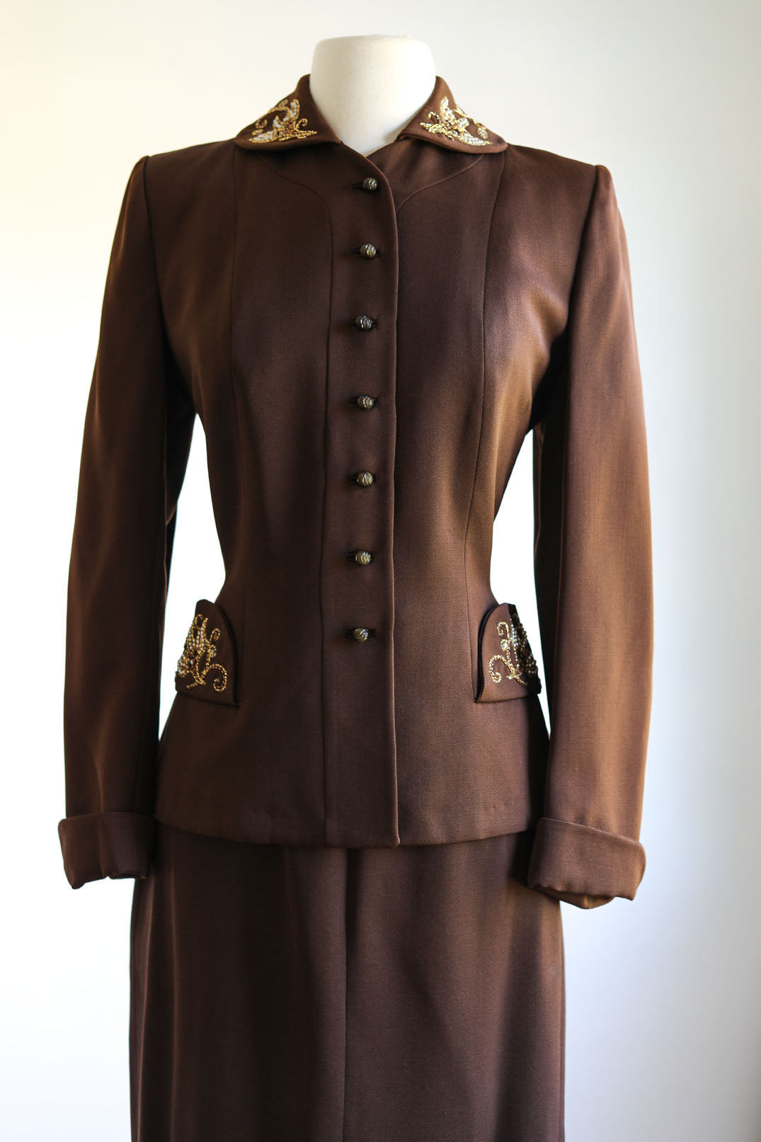 Vintage 1940s Suit - Stunning Chocolate Gabardine Wool Designer Blazer Jacket Skirt w Beaded Lotus Size S to M