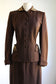 Vintage 1940s Suit - Stunning Chocolate Gabardine Wool Designer Blazer Jacket Skirt w Beaded Lotus Size S to M