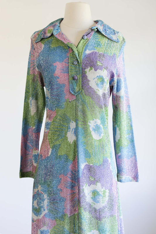 Vintage 1960s to 1970s Knitwear Dress - Rare Sparkling Unicorn Colors Lurex Knit Maxi Gown Size M