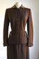 Vintage 1940s Suit - Stunning Chocolate Gabardine Wool Designer Blazer Jacket Skirt w Beaded Lotus Size S to M