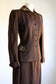 Vintage 1940s Suit - Stunning Chocolate Gabardine Wool Designer Blazer Jacket Skirt w Beaded Lotus Size S to M