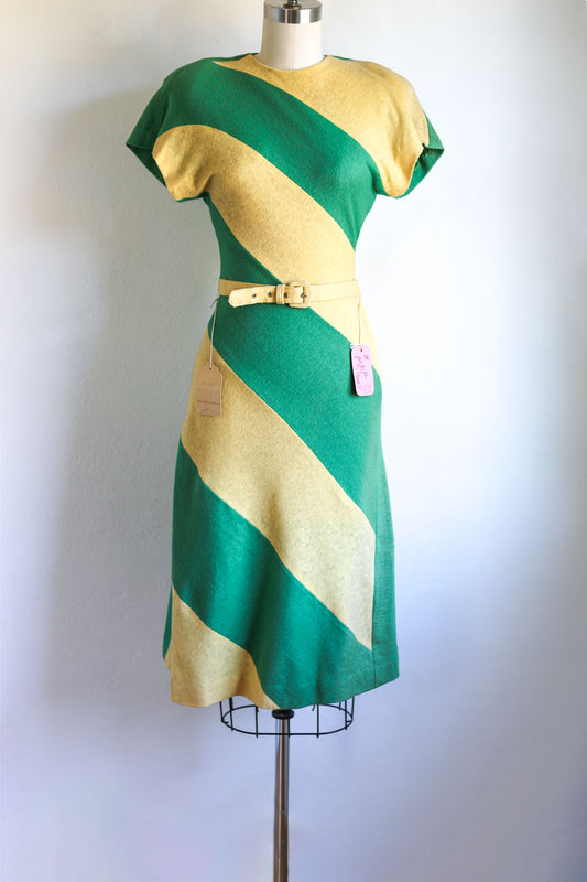 Vintage 1940s WWII Knit Dress - Deadstock w Tags Green + Butter Color Block Stripe Wool Jersey Knitwear Size S to M