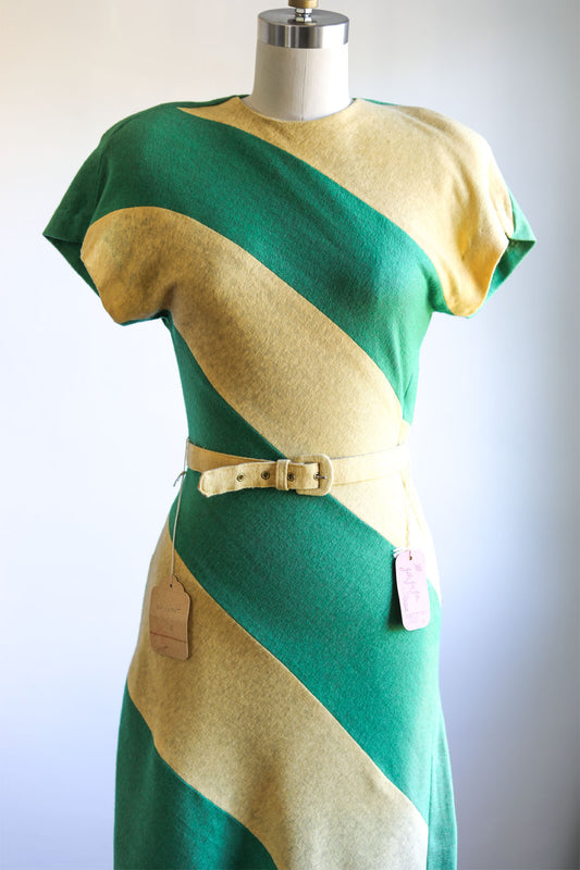 Vintage 1940s WWII Knit Dress - Deadstock w Tags Green + Butter Color Block Stripe Wool Jersey Knitwear Size S to M