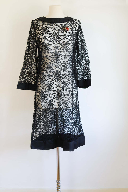Vintage 1960s Dress - Beautiful Black Spiderweb + Daisy Sheer Lace w Bell Sleeves Size M