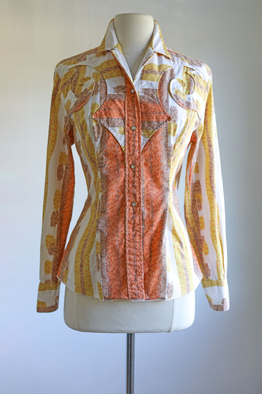 Vintage 1950s Western Blouse - Soft Autumn Hues Cotton Panhandle Slim Fitted Pearl Snap Top Size M