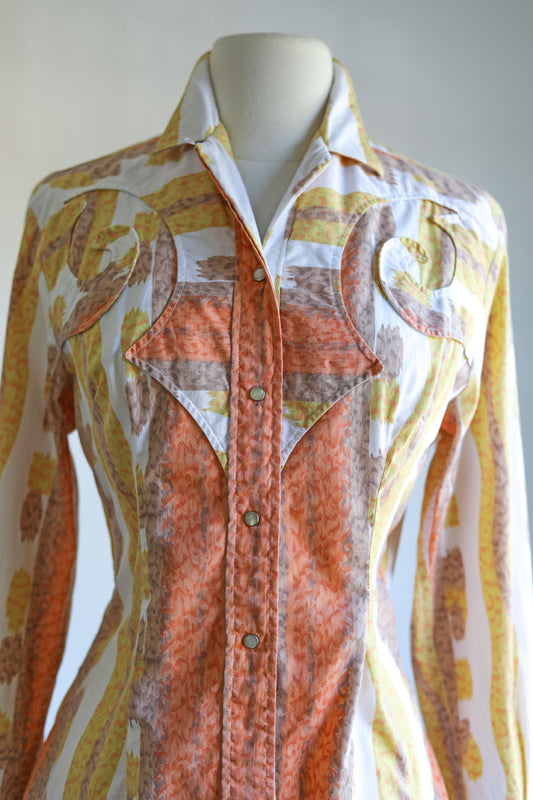 Vintage 1950s Western Blouse - Soft Autumn Hues Cotton Panhandle Slim Fitted Pearl Snap Top Size M